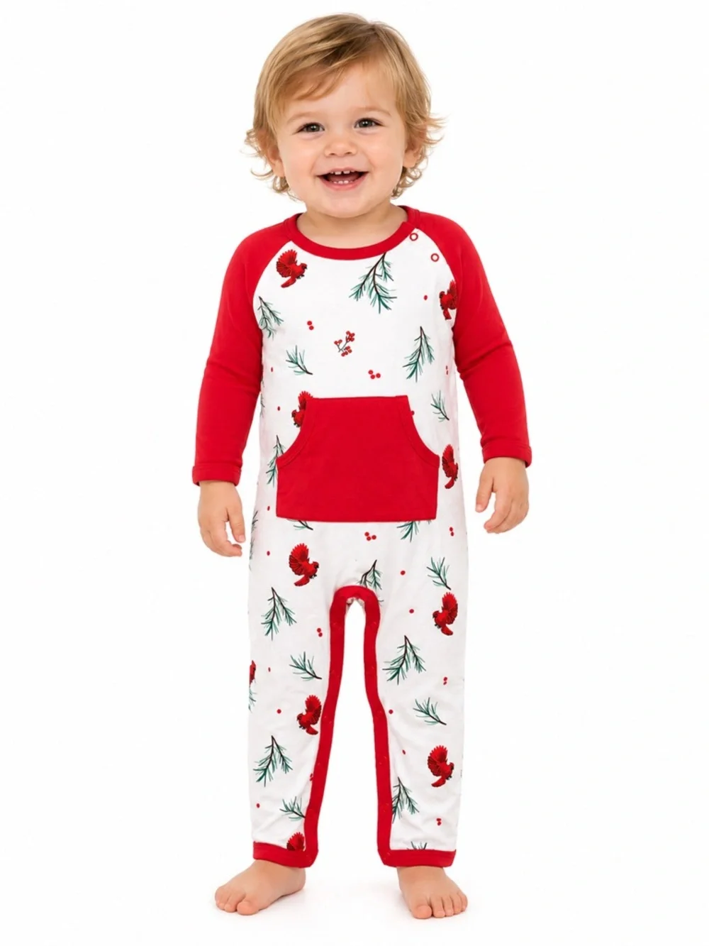 New - Kyte Baby Red & White Cardinal Print Raglan Baby Romper